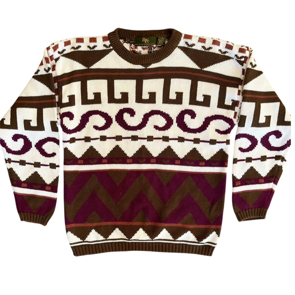 Vintage River Island 100% Cotton Nordic Geometric Patterned Knit Chunky Sweater